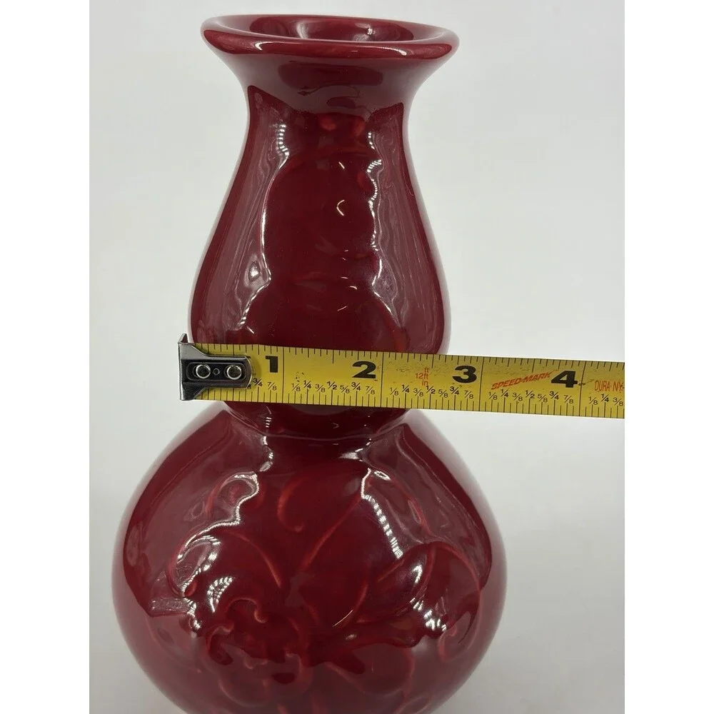 VTG Treasure Craft Ceramic Vase Red Maroon Glaze Floral Hibiscus
